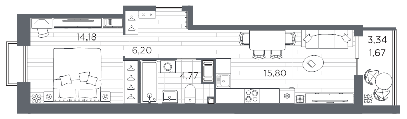 2-комнатная (Евро) квартира, 42.62 м² в ЖК "Respect" - планировка, фото №1