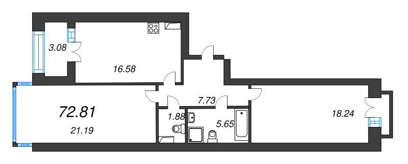 3-комнатная (Евро) квартира, 76.4 м² в ЖК "Наука" - планировка, фото №1