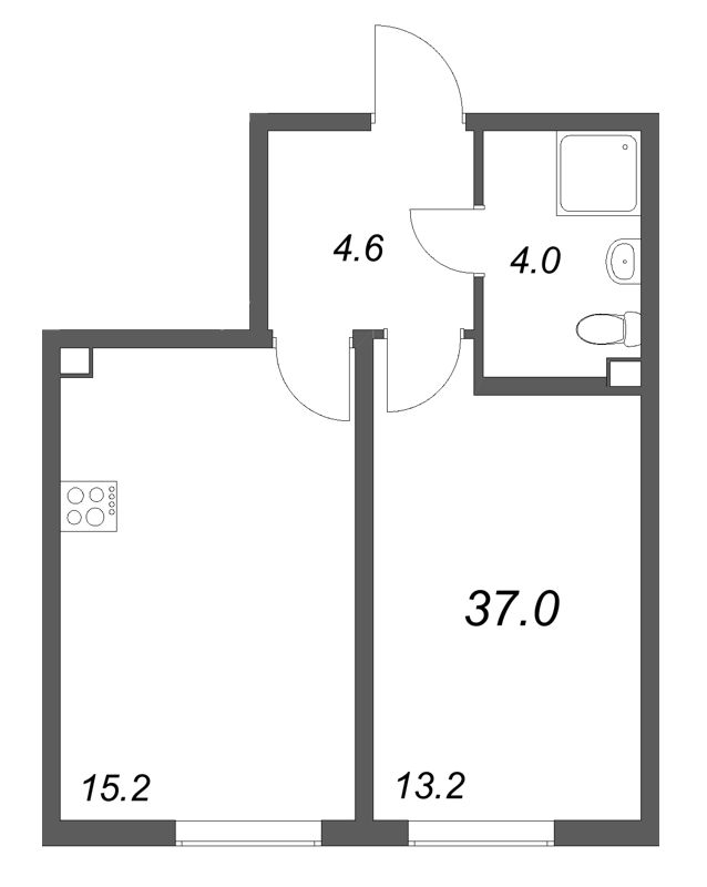 2-комнатная (Евро) квартира, 37 м² в ЖК "Октябрьская набережная" - планировка, фото №1