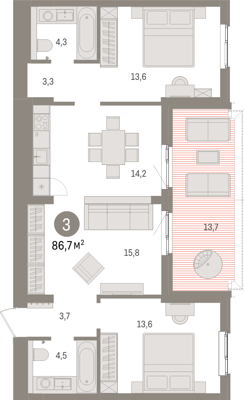 3-комнатная квартира, 86.7 м² в ЖК "Брусника в Новоселье" - планировка, фото №1