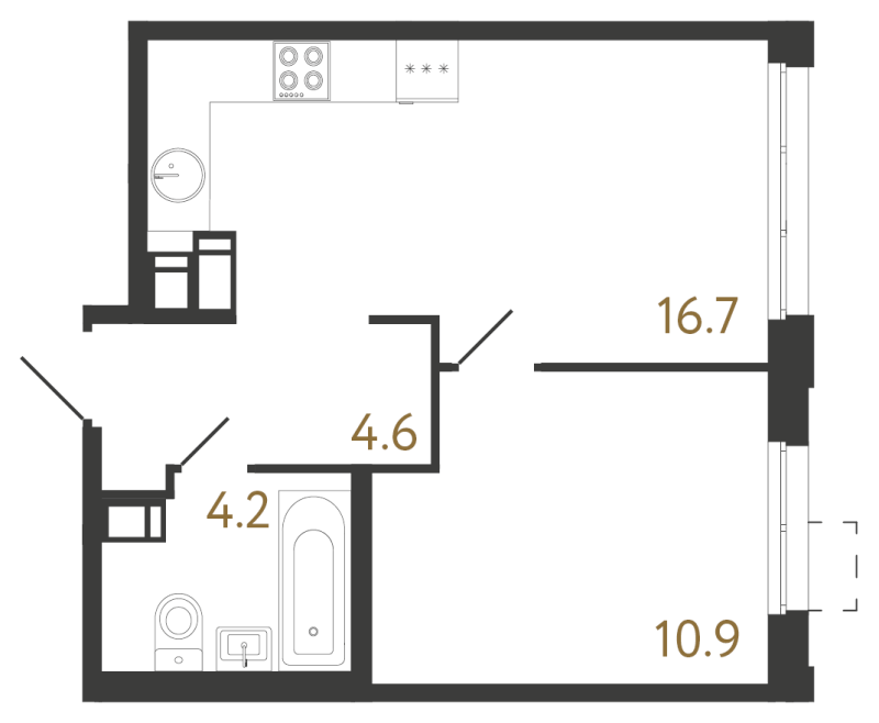 2-комнатная (Евро) квартира, 36.4 м² в ЖК "Струны" - планировка, фото №1