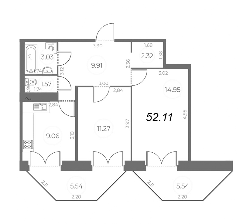 2-комнатная квартира, 55.43 м² - планировка, фото №1