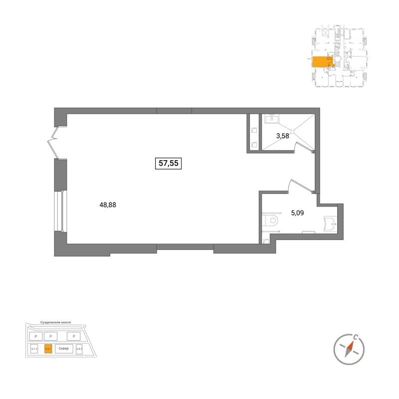 Помещение, 57.55 м² в ЖК "OKLA" - планировка, фото №1