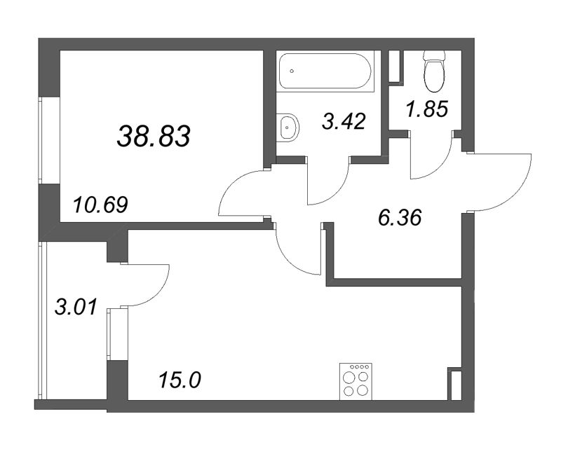 2-комнатная (Евро) квартира, 38.83 м² - планировка, фото №1