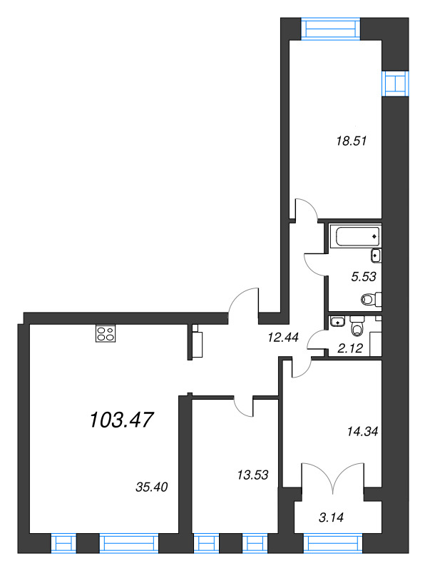 3-комнатная квартира, 103.47 м² - планировка, фото №1