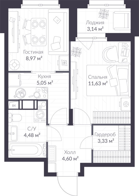 2-комнатная (Евро) квартира, 39.63 м² в ЖК "ВЕРЕН НОРТ сертолово" - планировка, фото №1