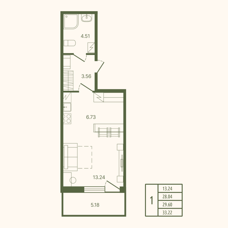 Квартира-студия, 29.6 м² в ЖК "Рауни" - планировка, фото №1