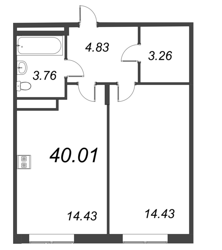 2-комнатная (Евро) квартира, 40.01 м² - планировка, фото №1