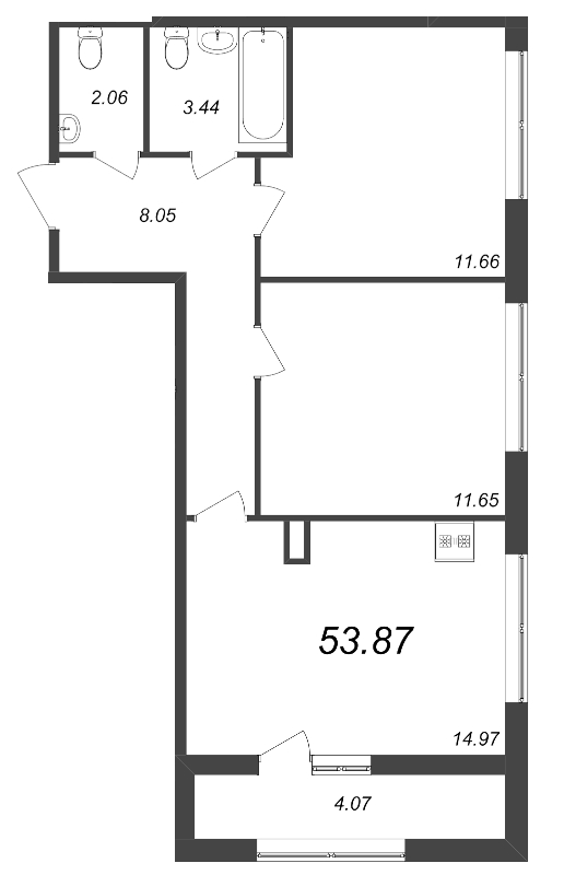 2-комнатная квартира, 53.87 м² - планировка, фото №1