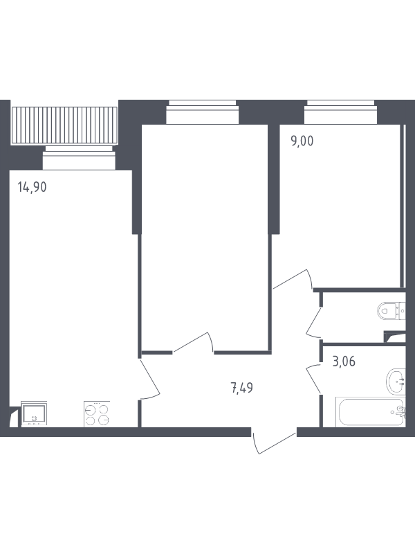 2-комнатная квартира, 49.2 м² - планировка, фото №1