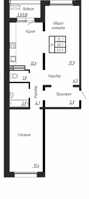 2-комнатная квартира, 69.9 м² - планировка, фото №1