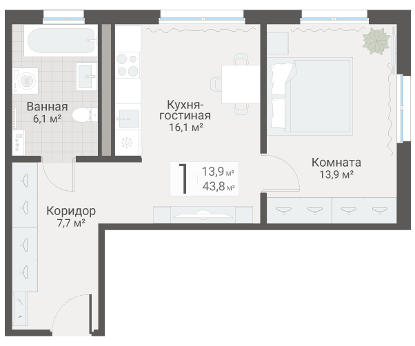 2-комнатная (Евро) квартира, 43.8 м² в ЖК "Руднева 15" - планировка, фото №1