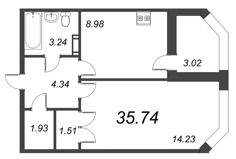 1-комнатная квартира, 35.74 м² в ЖК "Капральский" - планировка, фото №1