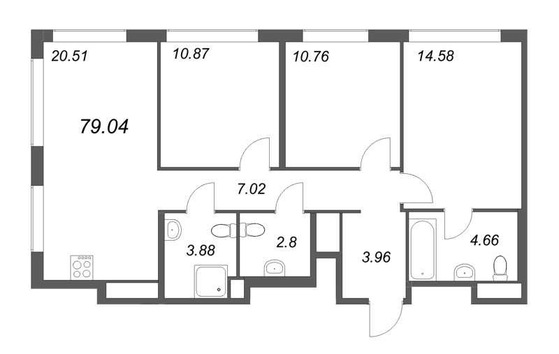 4-комнатная (Евро) квартира, 79.04 м² в ЖК "GloraX Василеостровский" - планировка, фото №1