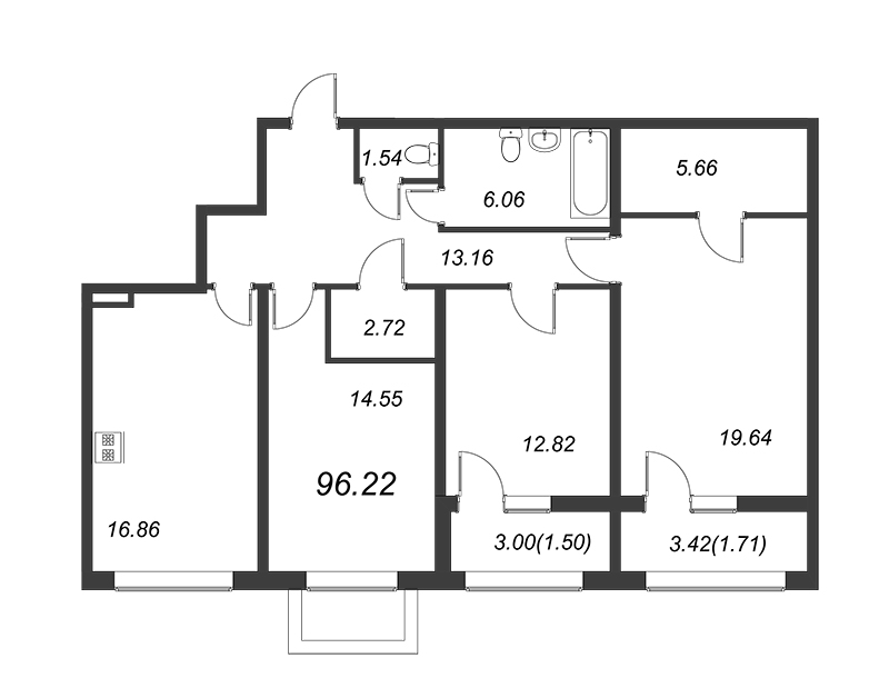 4-комнатная (Евро) квартира, 96.8 м² - планировка, фото №1