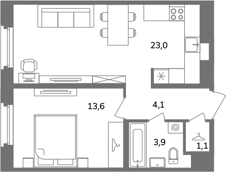 2-комнатная (Евро) квартира, 46 м² в ЖК "Антверпен" - планировка, фото №1