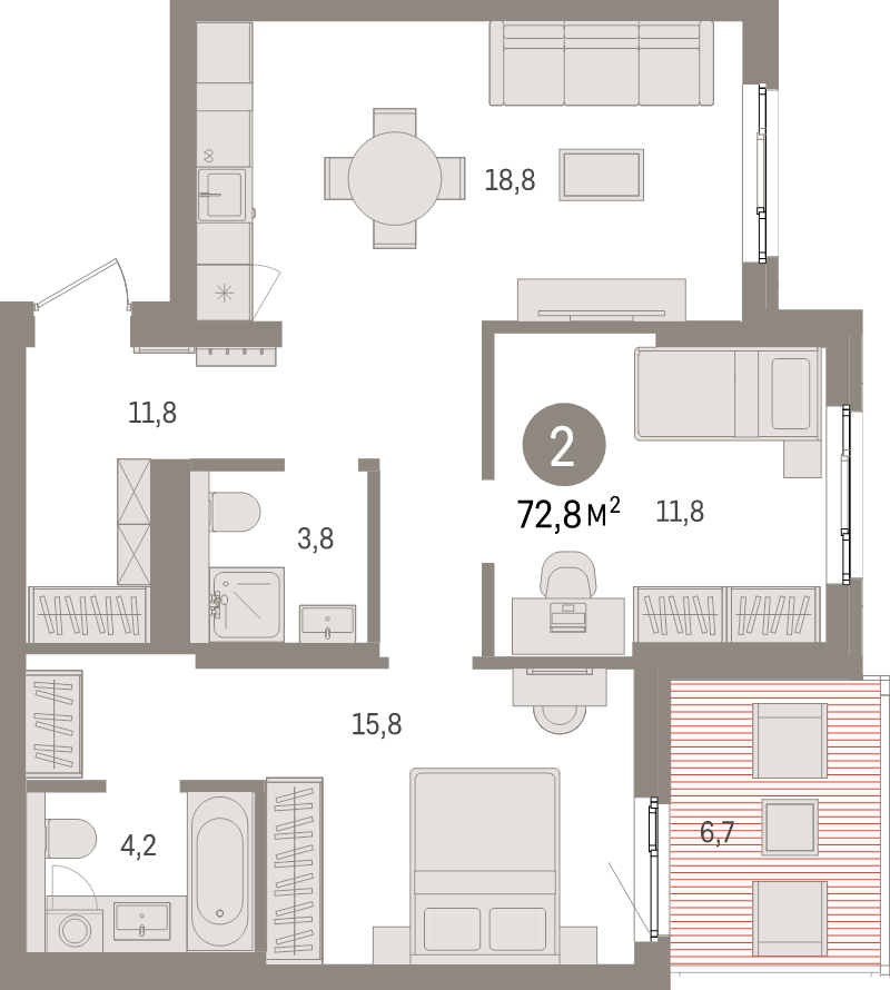 3-комнатная (Евро) квартира, 72.8 м² в ЖК "Брусника в Новоселье" - планировка, фото №1
