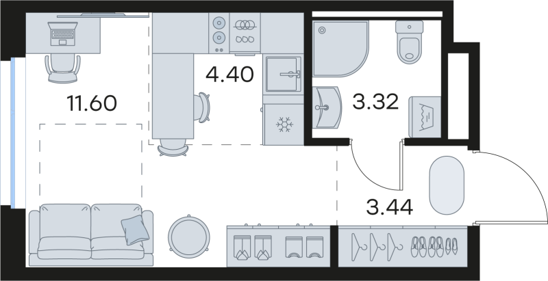 Квартира-студия, 22.76 м² в ЖК "GloraX Новоселье" - планировка, фото №1