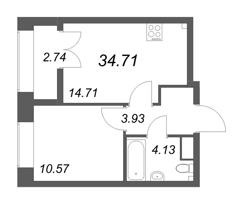 1-комнатная квартира, 34.71 м² в ЖК "NewПитер 2.0" - планировка, фото №1