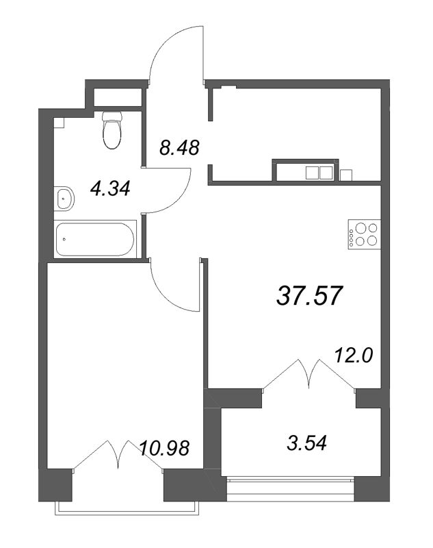 1-комнатная квартира, 37.57 м² в ЖК "Ranta Residence" - планировка, фото №1