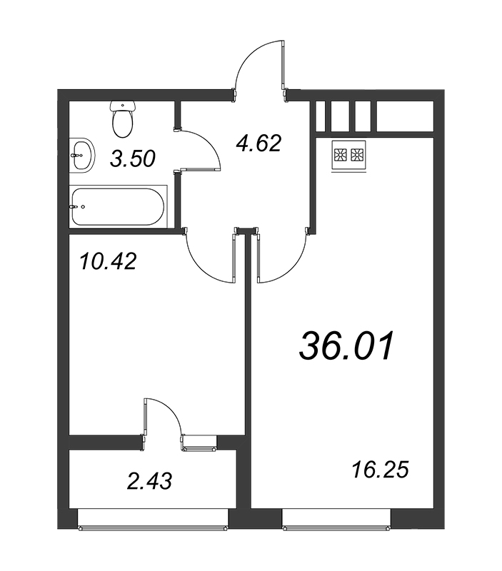 2-комнатная (Евро) квартира, 36.01 м² - планировка, фото №1