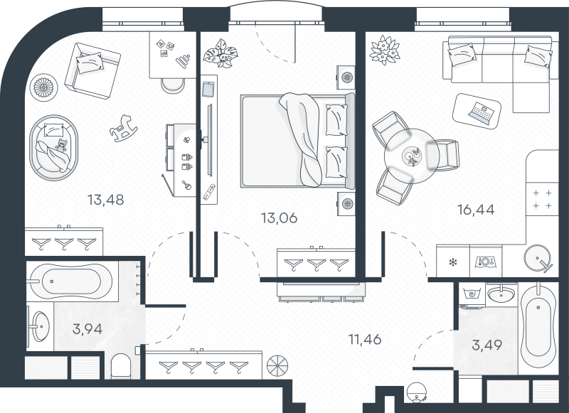 3-комнатная (Евро) квартира, 62.47 м² в ЖК "MONODOM-ART" - планировка, фото №1