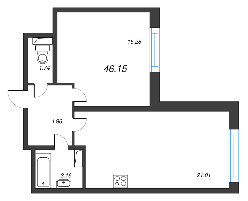 2-комнатная (Евро) квартира, 46.15 м² в ЖК "БелАрт" - планировка, фото №1