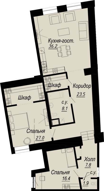 3-комнатная (Евро) квартира, 123 м² - планировка, фото №1