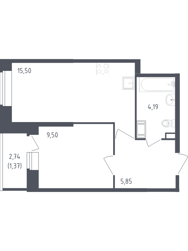 2-комнатная (Евро) квартира, 36.41 м² - планировка, фото №1