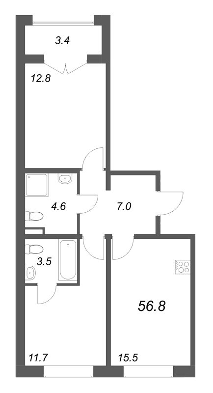 3-комнатная (Евро) квартира, 56.8 м² в ЖК "Пулково Lake" - планировка, фото №1