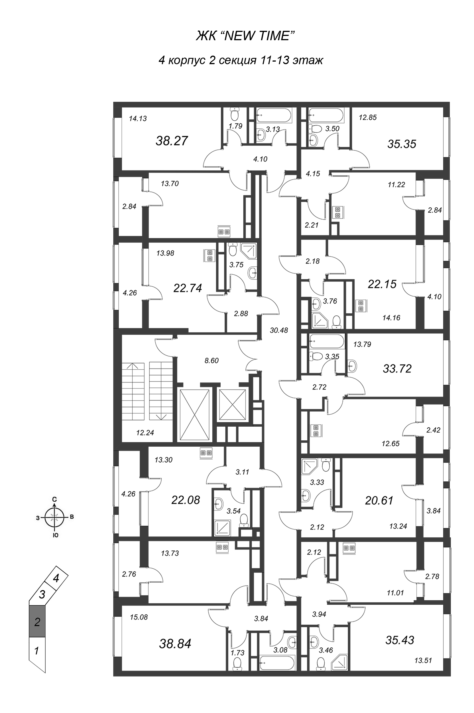 Квартира-студия, 22.15 м² в ЖК "NEW TIME" - планировка этажа