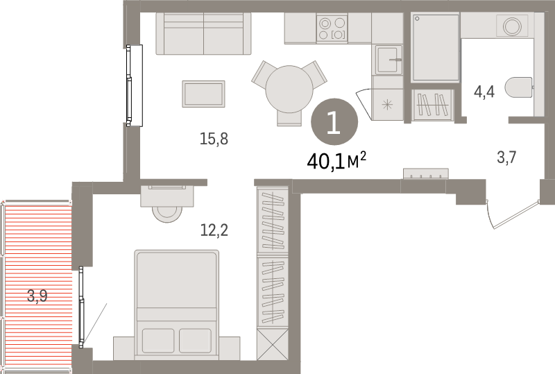 2-комнатная (Евро) квартира, 40.1 м² - планировка, фото №1