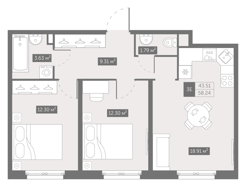 3-комнатная (Евро) квартира, 58.2 м² в ЖК "Зум на Неве" - планировка, фото №1