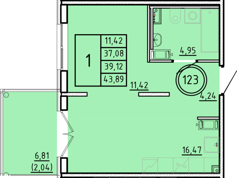 2-комнатная (Евро) квартира, 37.08 м² в ЖК "Образцовый квартал 16" - планировка, фото №1