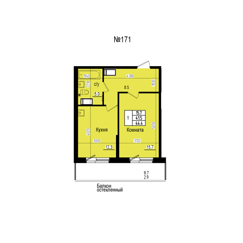 1-комнатная квартира, 44.4 м² в ЖК "ПРАГМА СИТИ" - планировка, фото №1