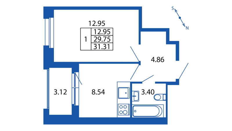 1-комнатная квартира, 29.75 м² в ЖК "Полис Новоселье" - планировка, фото №1