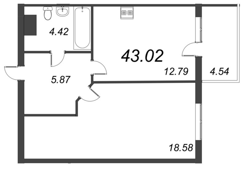 1-комнатная квартира, 43.02 м² - планировка, фото №1