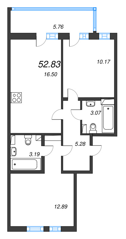 3-комнатная (Евро) квартира, 52.83 м² в ЖК "AEROCITY" - планировка, фото №1
