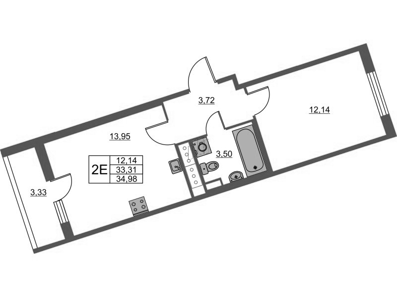 2-комнатная (Евро) квартира, 34.98 м² - планировка, фото №1