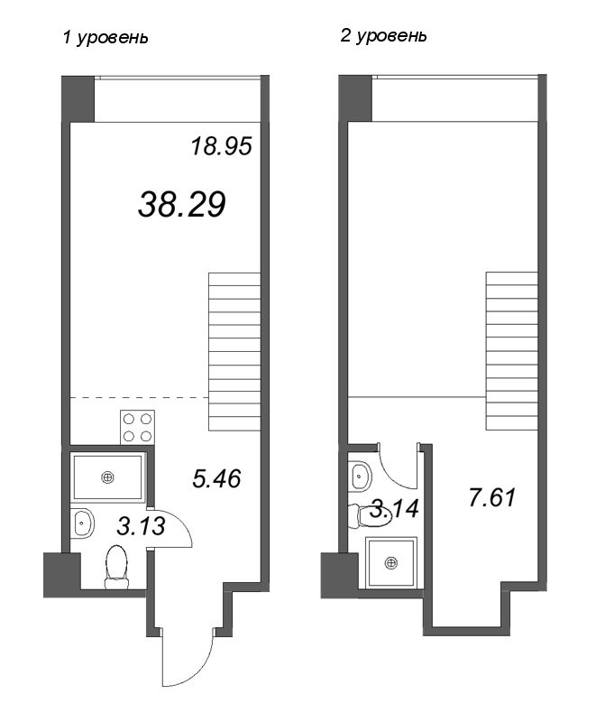 2-комнатная (Евро) квартира, 38.65 м² в ЖК "Avant" - планировка, фото №1