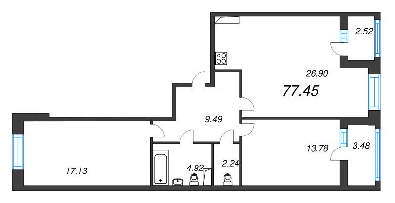 3-комнатная (Евро) квартира, 77.45 м² в ЖК "Аквилон Leaves" - планировка, фото №1