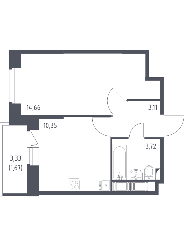 1-комнатная квартира, 33.51 м² - планировка, фото №1