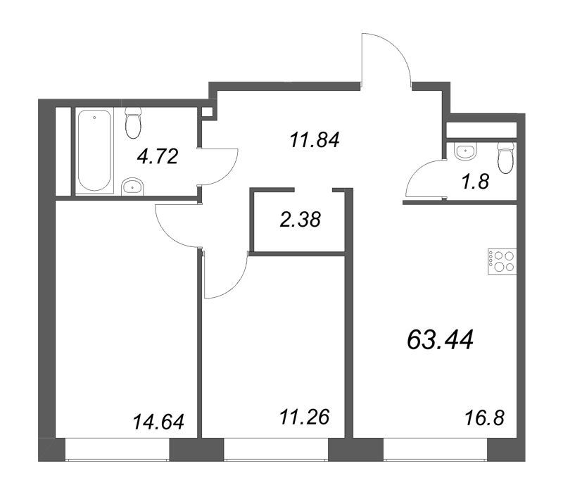 3-комнатная (Евро) квартира, 63.44 м² - планировка, фото №1