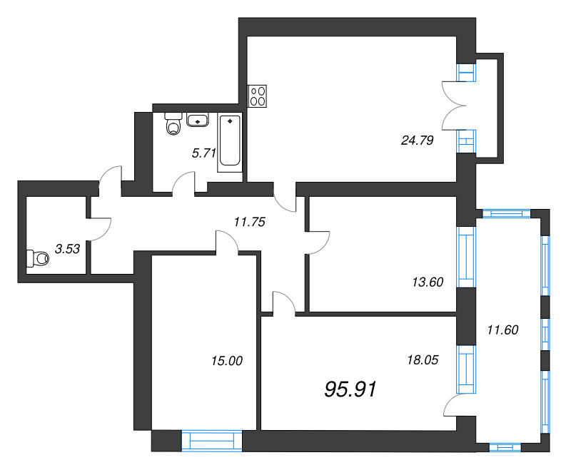 3-комнатная квартира, 95.7 м² в ЖК "Листва" - планировка, фото №1