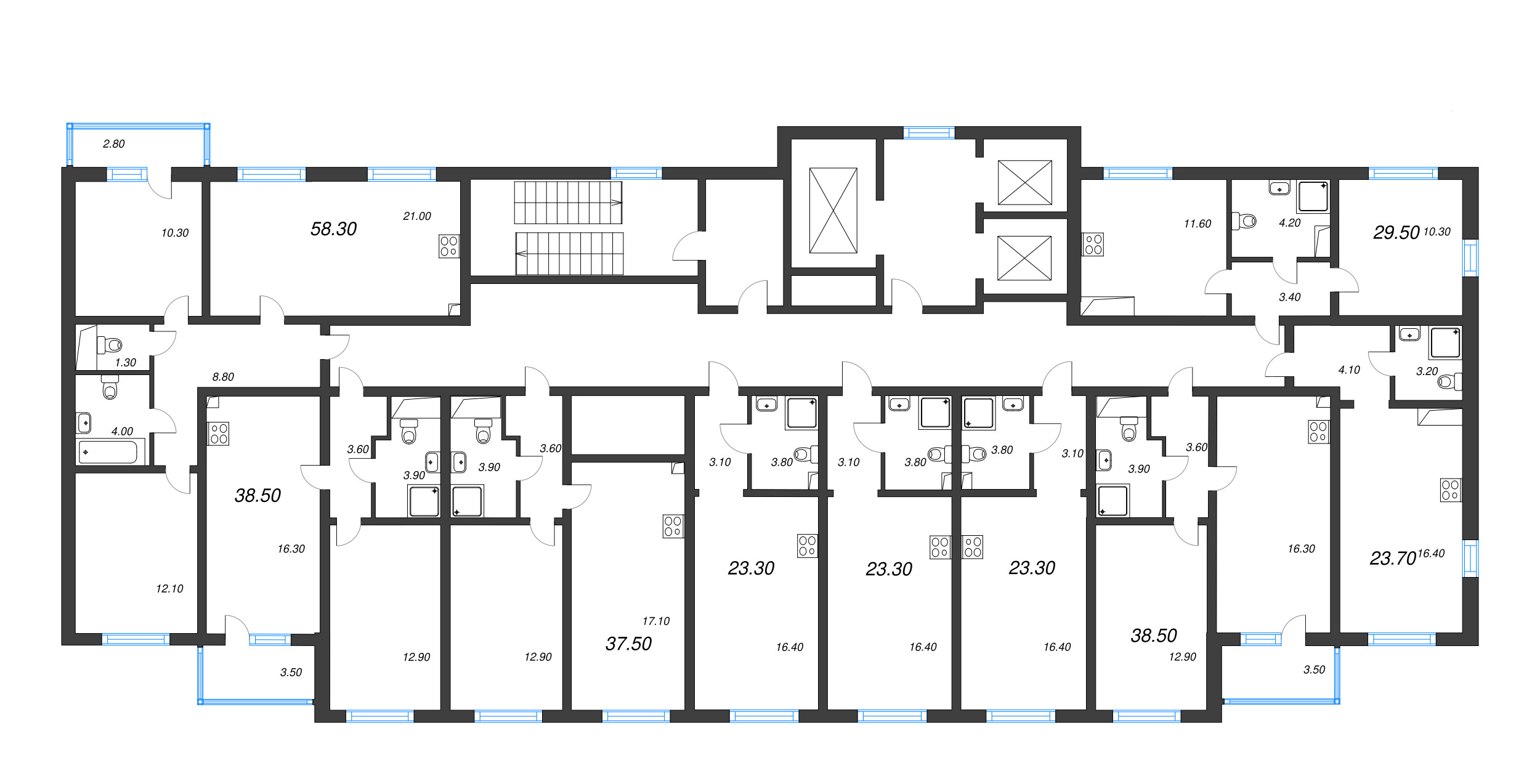 2-комнатная (Евро) квартира, 38.5 м² в ЖК "Ручьи" - планировка этажа