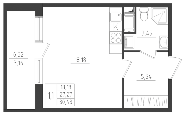 Квартира-студия, 30.43 м² в ЖК "Новикола" - планировка, фото №1