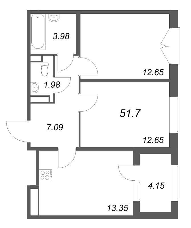 2-комнатная квартира, 51.7 м² в ЖК "Дубровский" - планировка, фото №1