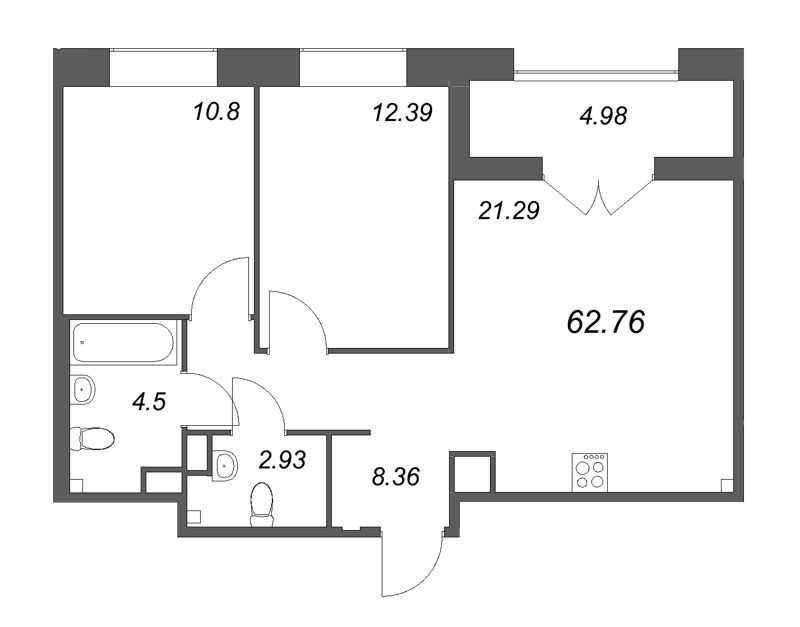 3-комнатная (Евро) квартира, 62.76 м² - планировка, фото №1