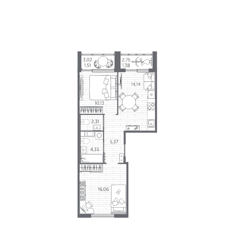 3-комнатная (Евро) квартира, 55.25 м² - планировка, фото №1