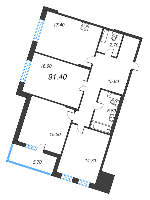 3-комнатная квартира, 91.4 м² - планировка, фото №1